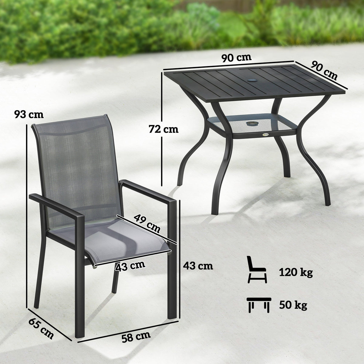 5 Piece Garden Dining Set with Stackable Chairs and Parasol Hole, Dark Grey