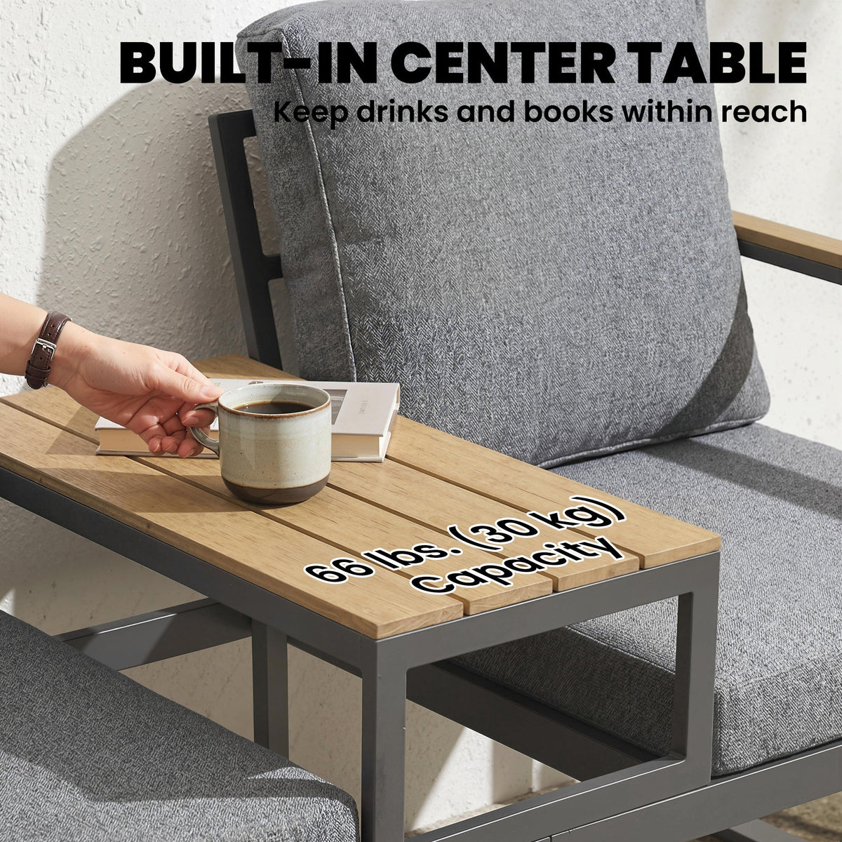 2-Seat Outdoor Garden Bench with Center Table and Thick Cushions, Light Grey