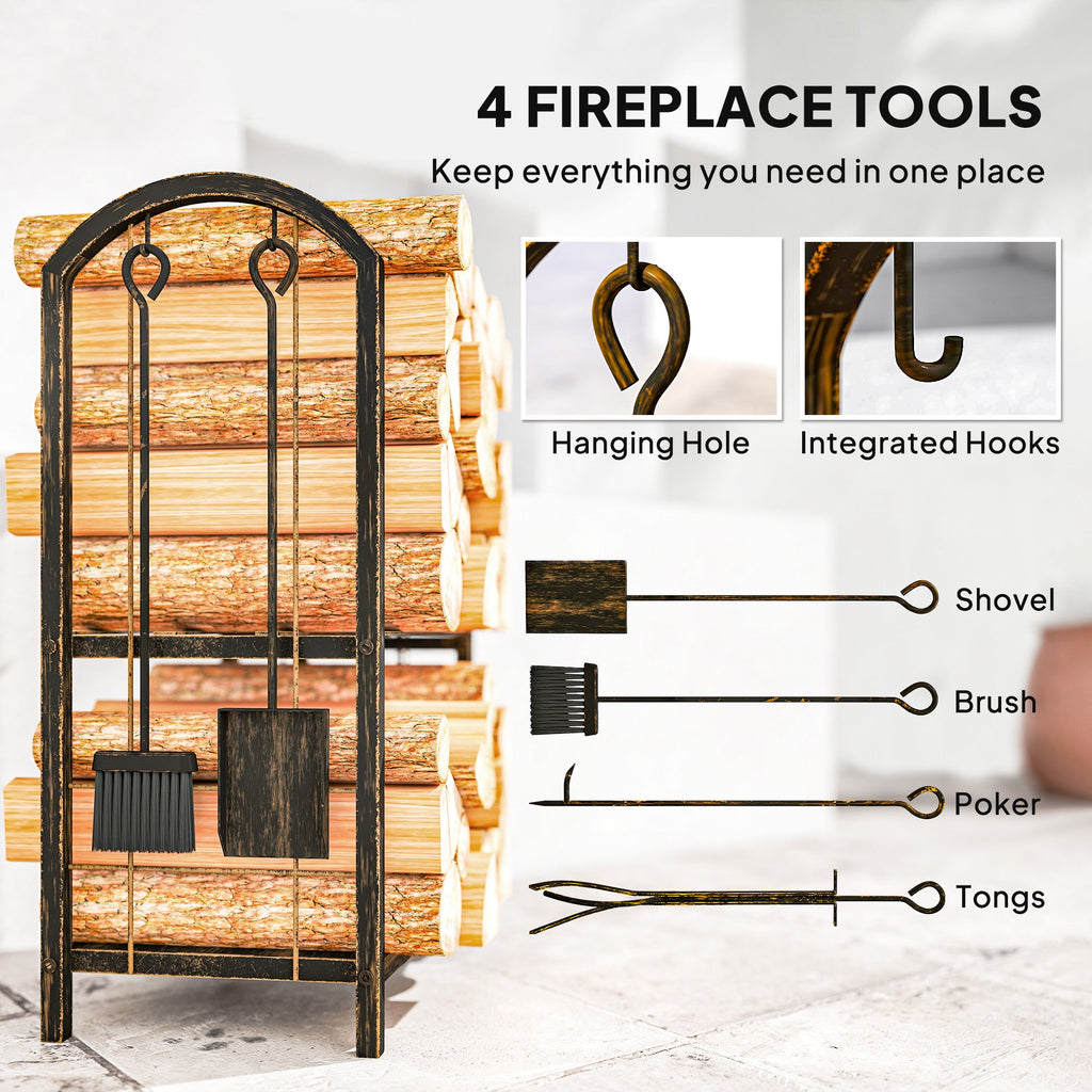 2-Tier Firewood Rack with 4 Fireplace Tools & Hooks, 220 lb Capacity, Coffee Brown