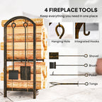2-Tier Firewood Rack with 4 Fireplace Tools & Hooks, 220 lb Capacity, Coffee Brown