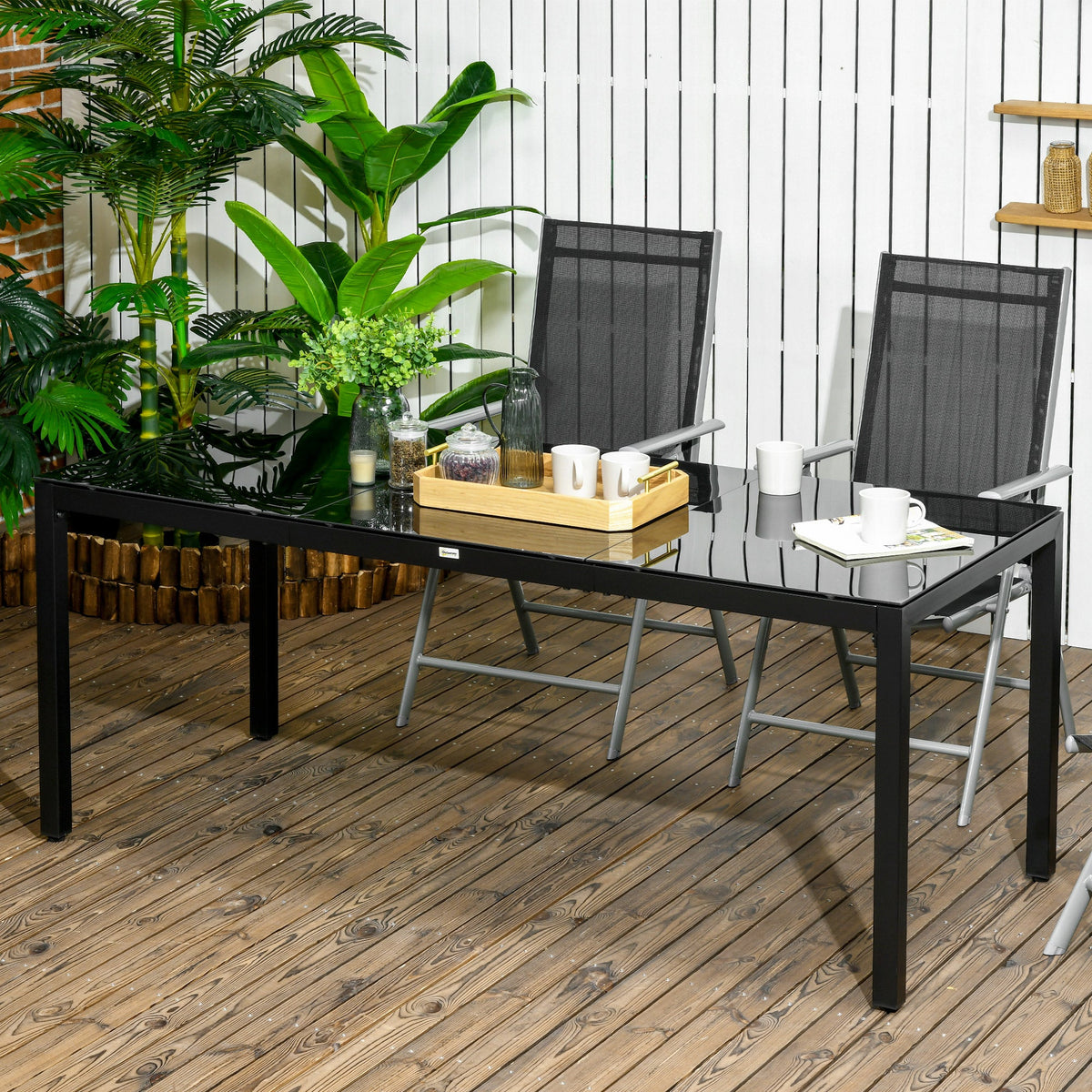 70.9" Rectangular Outdoor Dining Table with Tempered Glass Top, Black