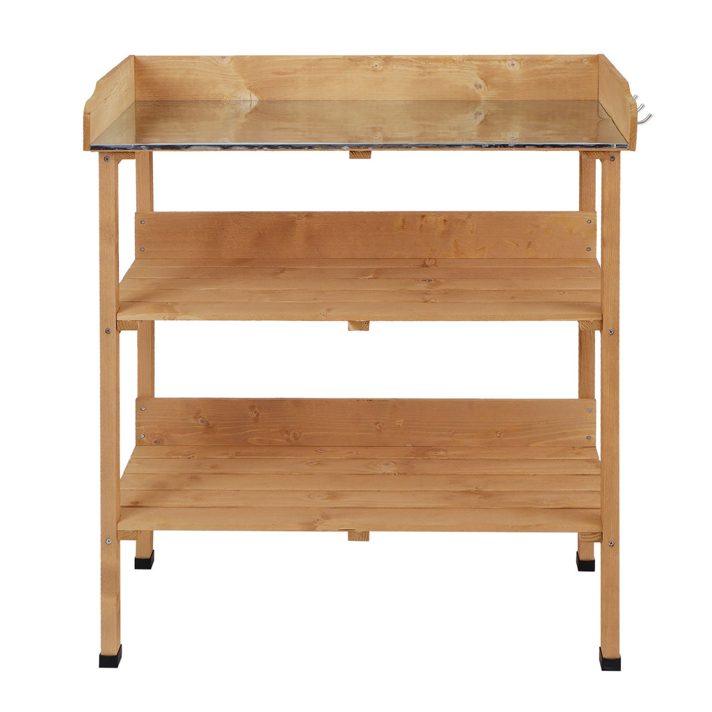 Wooden Potting Bench with Metal Top, Shelf and Hooks, Natural