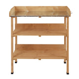 Wooden Potting Bench with Metal Top, Shelf and Hooks, Natural