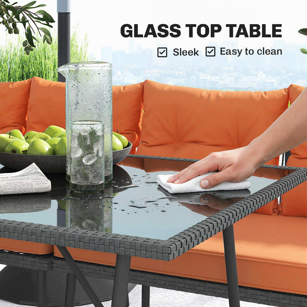 6-Piece 8-Seater Orange Rattan Corner Sofa Set with Cushions & Glass Table