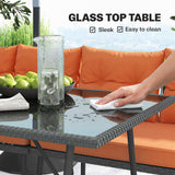 6-Piece 8-Seater Orange Rattan Corner Sofa Set with Cushions & Glass Table