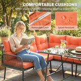6-Piece 8-Seater Orange Rattan Corner Sofa Set with Cushions & Glass Table