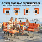6-Piece 8-Seater Orange Rattan Corner Sofa Set with Cushions & Glass Table