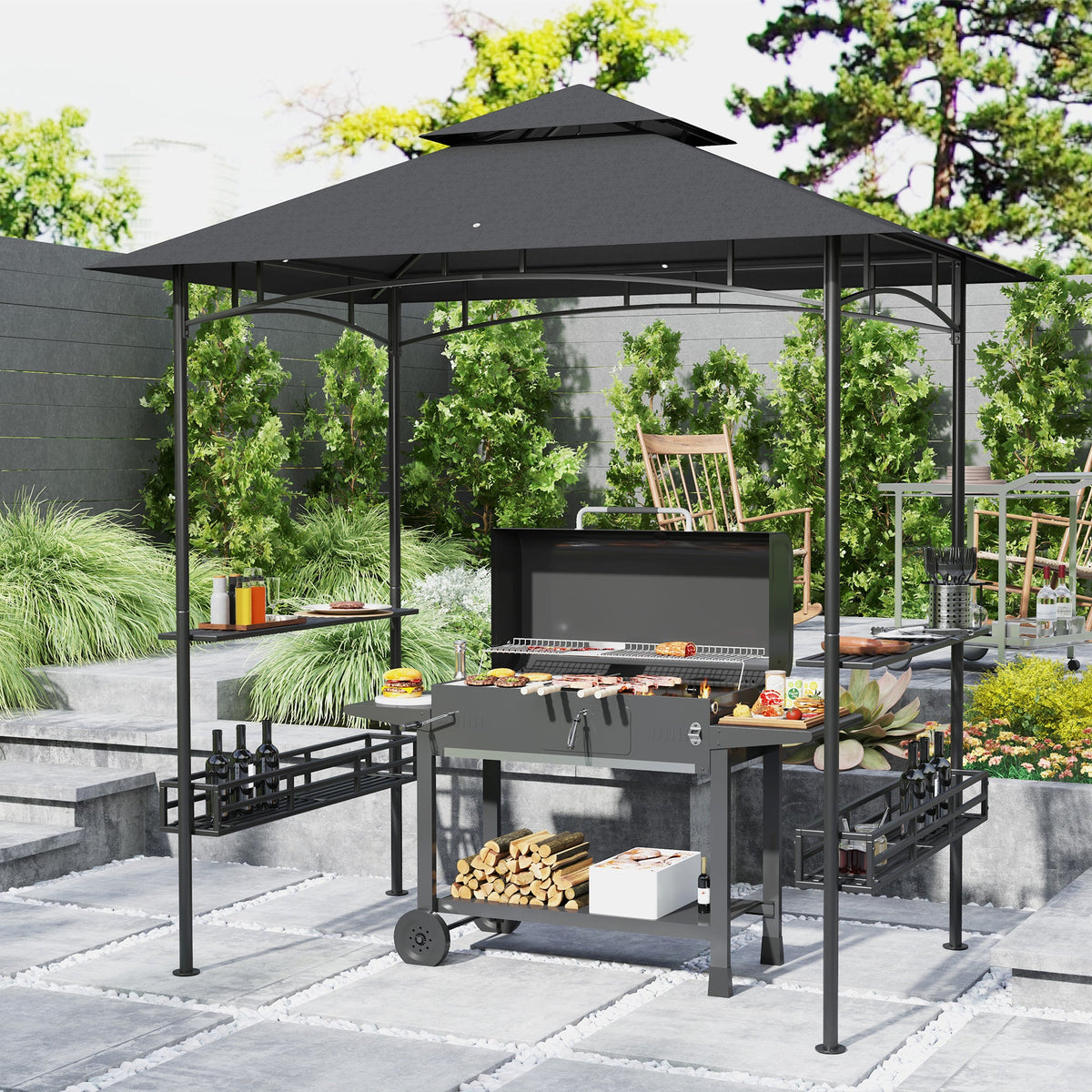 8' x 5' Grill Gazebo with Shelves and Baskets, Dark Gray