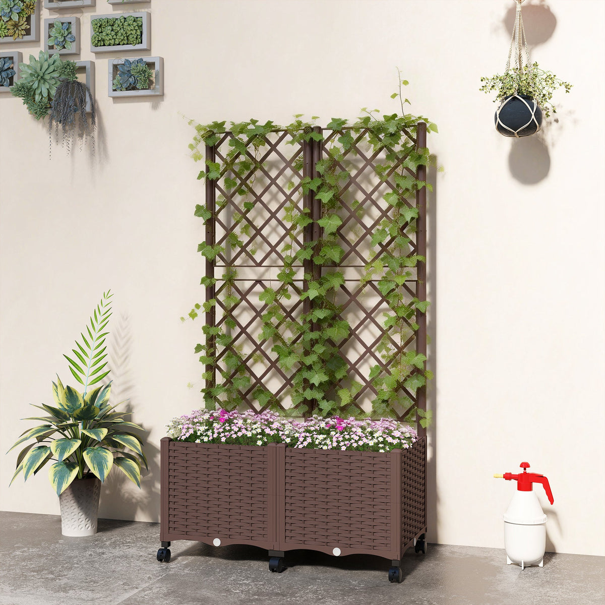 56.3" Self-Watering Planter Box with Trellis and Wheels, Brown