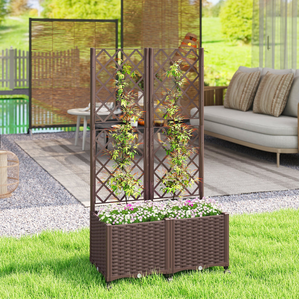 56.3" Self-Watering Planter Box with Trellis and Wheels, Brown