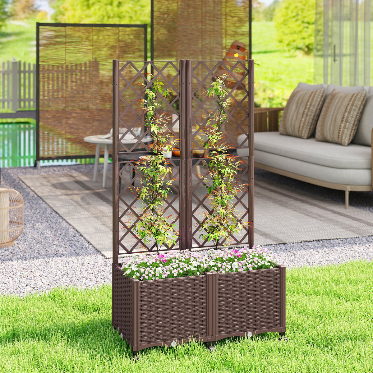 56.3" Self-Watering Planter Box with Trellis and Wheels, Brown