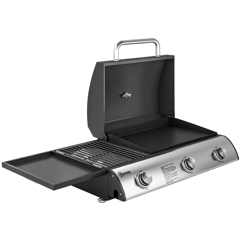 3-Burner Portable Gas Plancha Grill 8.1 kW with Griddle & Side Shelf, Black
