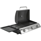 3-Burner Portable Gas Plancha Grill 8.1 kW with Griddle & Side Shelf, Black