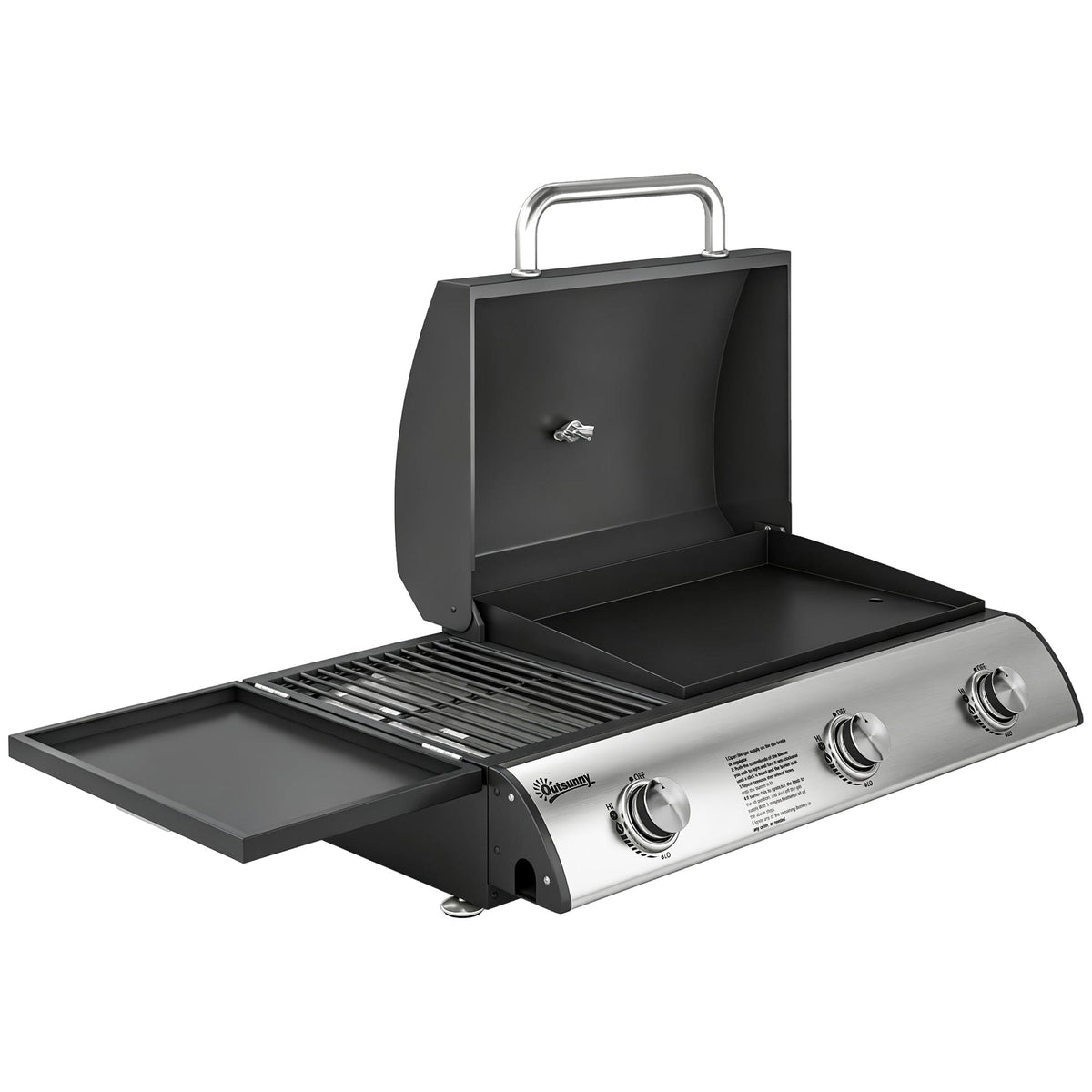 3-Burner Portable Gas Plancha Grill 8.1 kW with Griddle & Side Shelf, Black