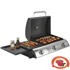 3-Burner Portable Gas Plancha Grill 8.1 kW with Griddle & Side Shelf, Black