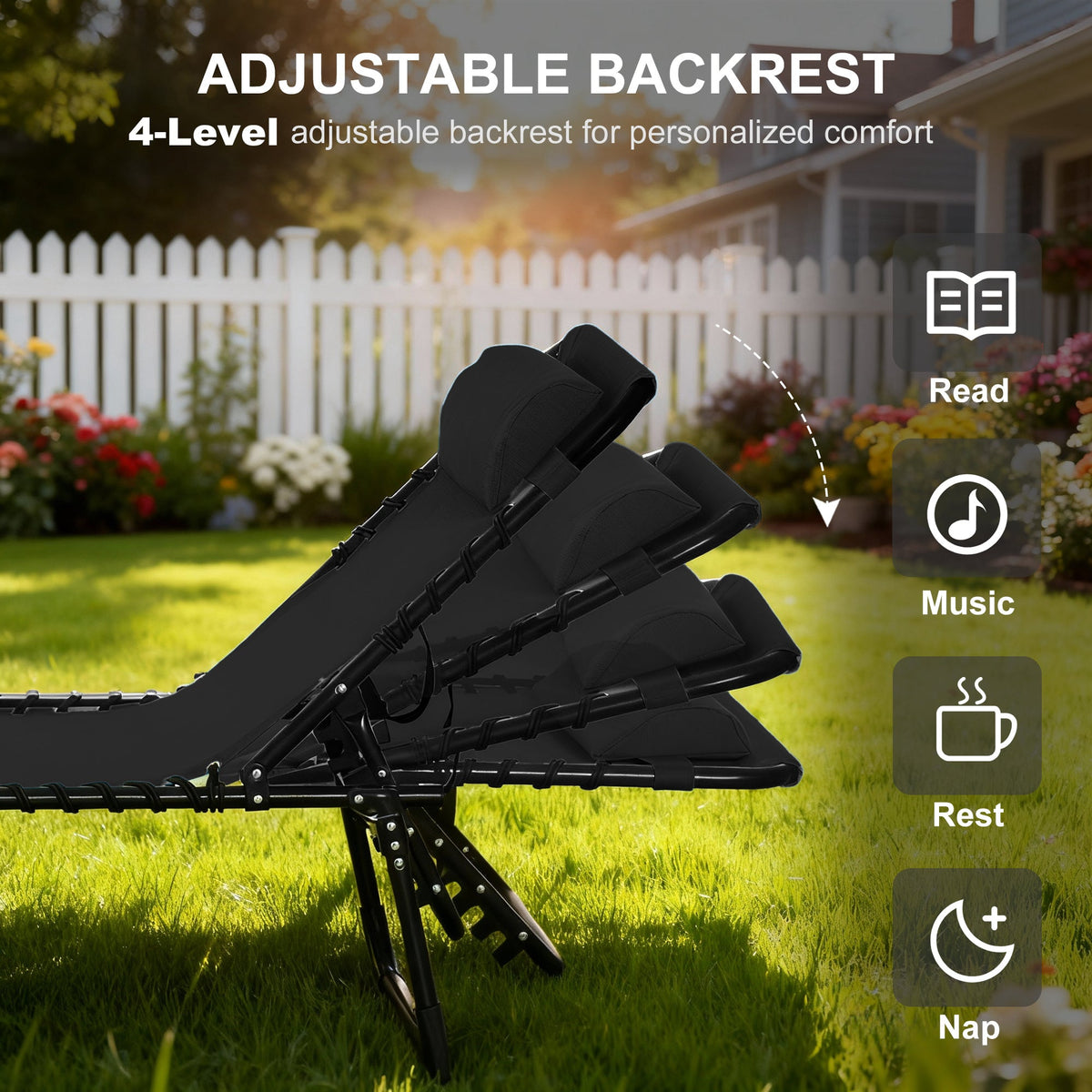 Folding Chaise Lounge Chair with 4-Position Reclining Back & Breathable Mesh Seat, Black