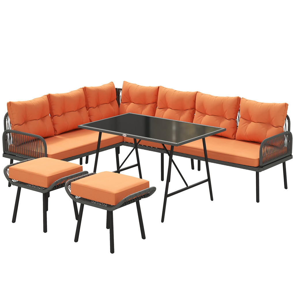 6-Piece 8-Seater Orange Rattan Corner Sofa Set with Cushions & Glass Table