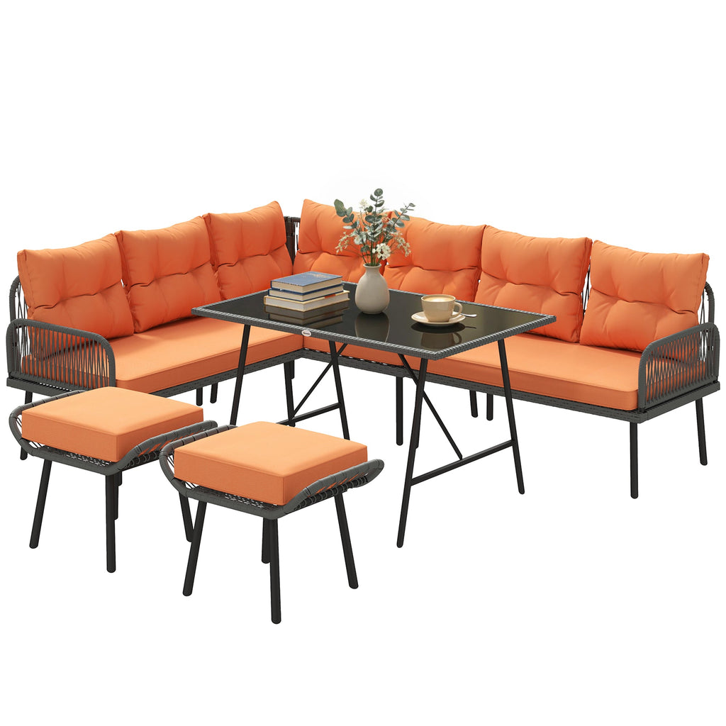 6-Piece 8-Seater Orange Rattan Corner Sofa Set with Cushions & Glass Table