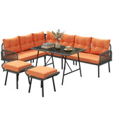 6-Piece 8-Seater Orange Rattan Corner Sofa Set with Cushions & Glass Table