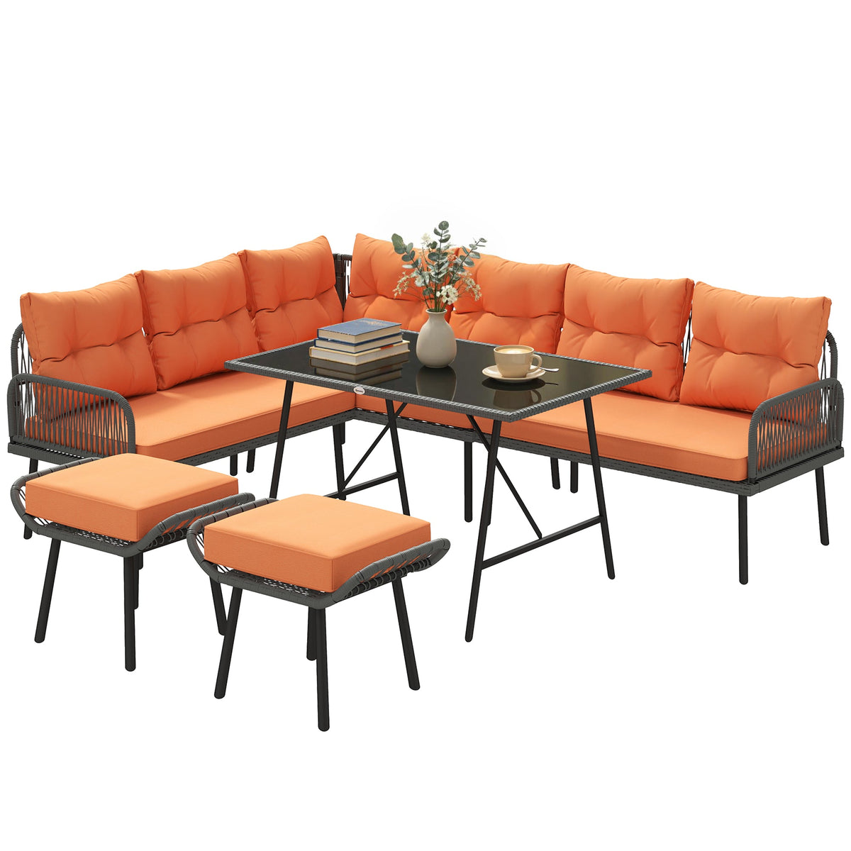 6-Piece 8-Seater Orange Rattan Corner Sofa Set with Cushions & Glass Table