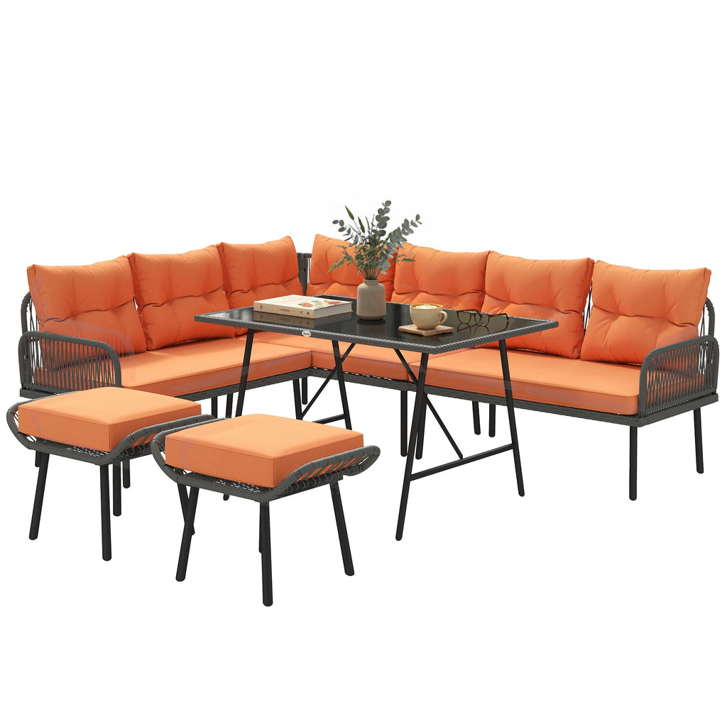6-Piece 8-Seater Orange Rattan Corner Sofa Set with Cushions & Glass Table