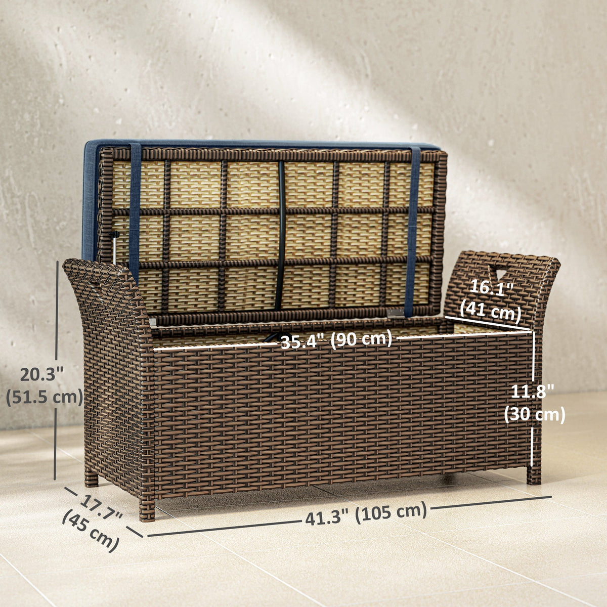 2-in-1 Patio Wicker Storage Bench, 29 Gallon with Cushion, Navy Blue