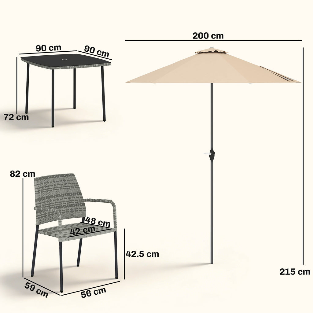 4-Person Rattan Dining Set with Tempered Glass & Tilting Parasol, Light Grey