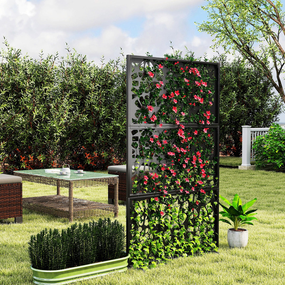 72" x 38" Metal Outdoor Privacy Screen, Symmetrical Pattern, Black