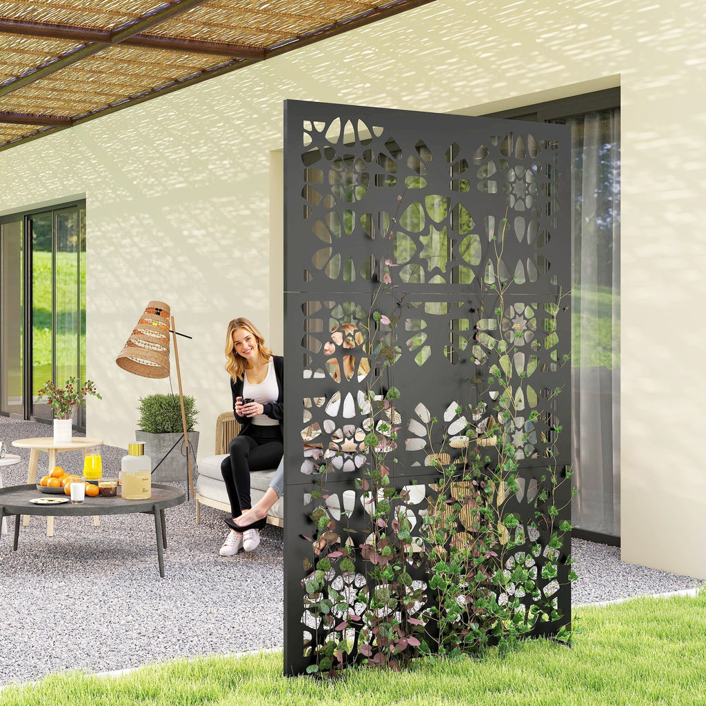 72" x 38" Metal Outdoor Privacy Screen, Symmetrical Pattern, Black