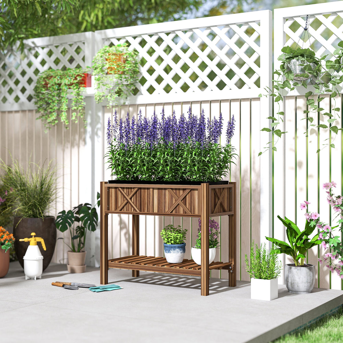 34" x 18" x 30" Wooden Raised Garden Bed with Shelf, Carbonized