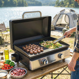 2-Burner Portable 6 kW Gas Plancha Tabletop Griddle with Grease Cup for Camping, Black