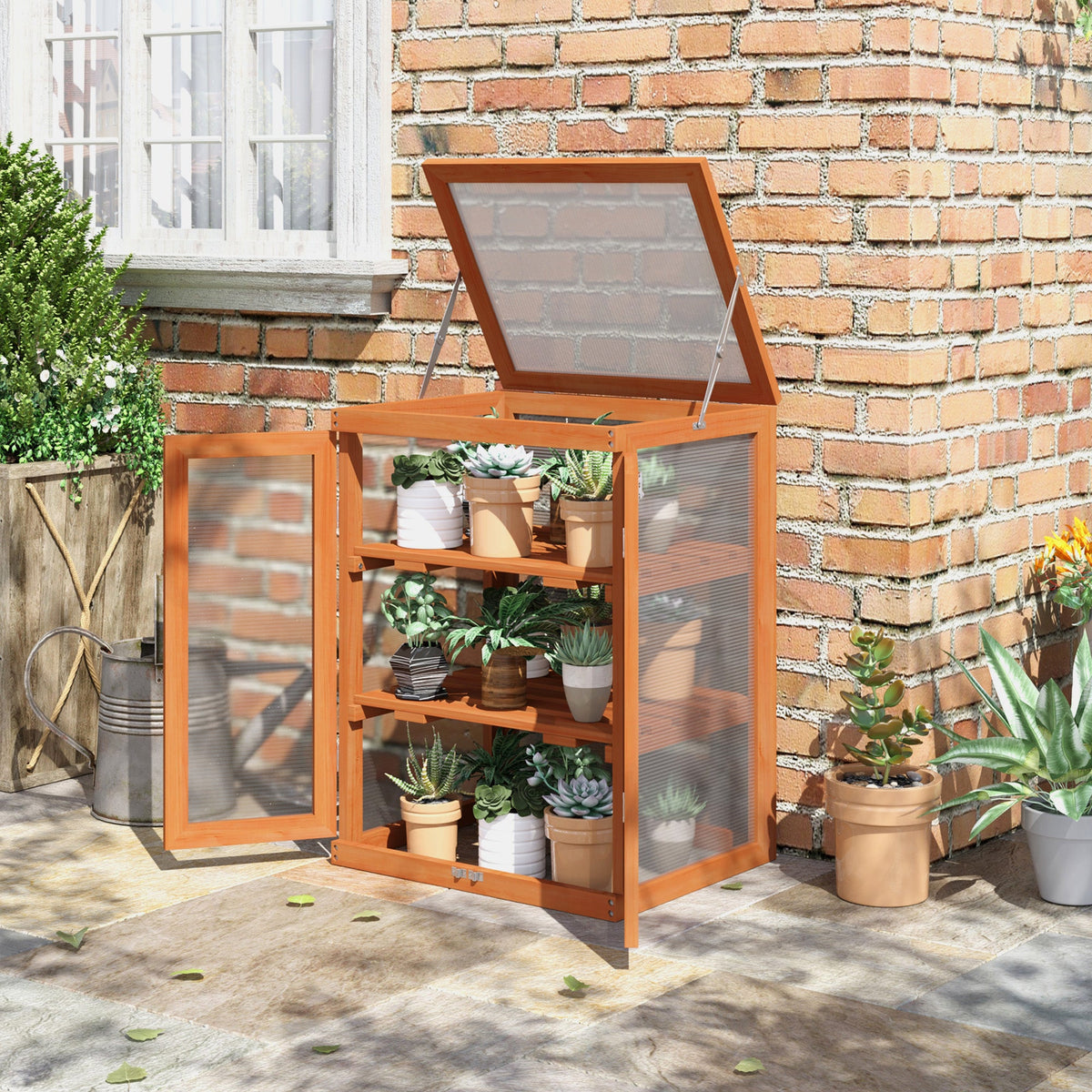 Wooden 2 Tier Cold Frame Greenhouse with Polycarbonate Panels, Orange