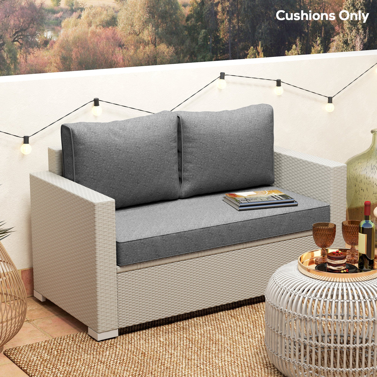 2 Seater Outdoor Seat Cushions with Backrest, Grey