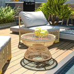 Rattan Outdoor Coffee Table with Tempered Glass Top, Nature Wood