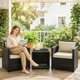 3 Piece Patio Bistro Set with Glass Table and Cushioned Chairs, Beige