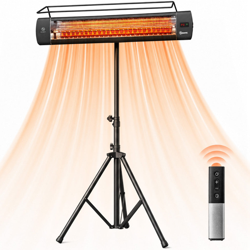 1500W Infrared Standing Patio Heater with Tripod, IP65, 3 Heat Levels, Black