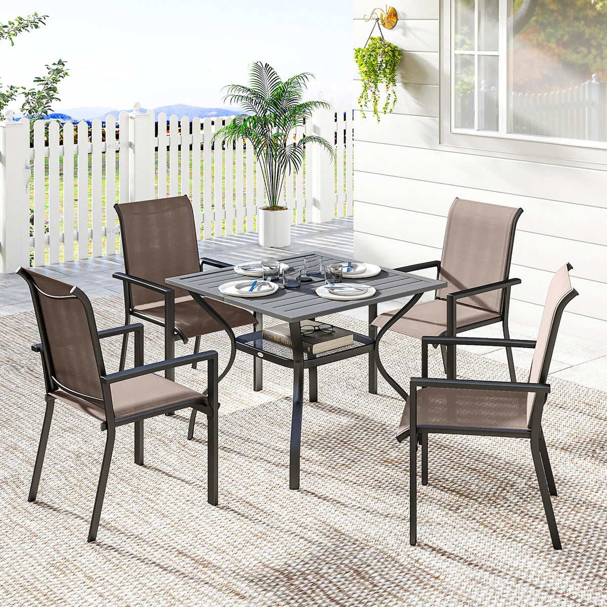 5 Piece Garden Dining Set with Stackable Chairs and Parasol Hole, Grey/Khaki