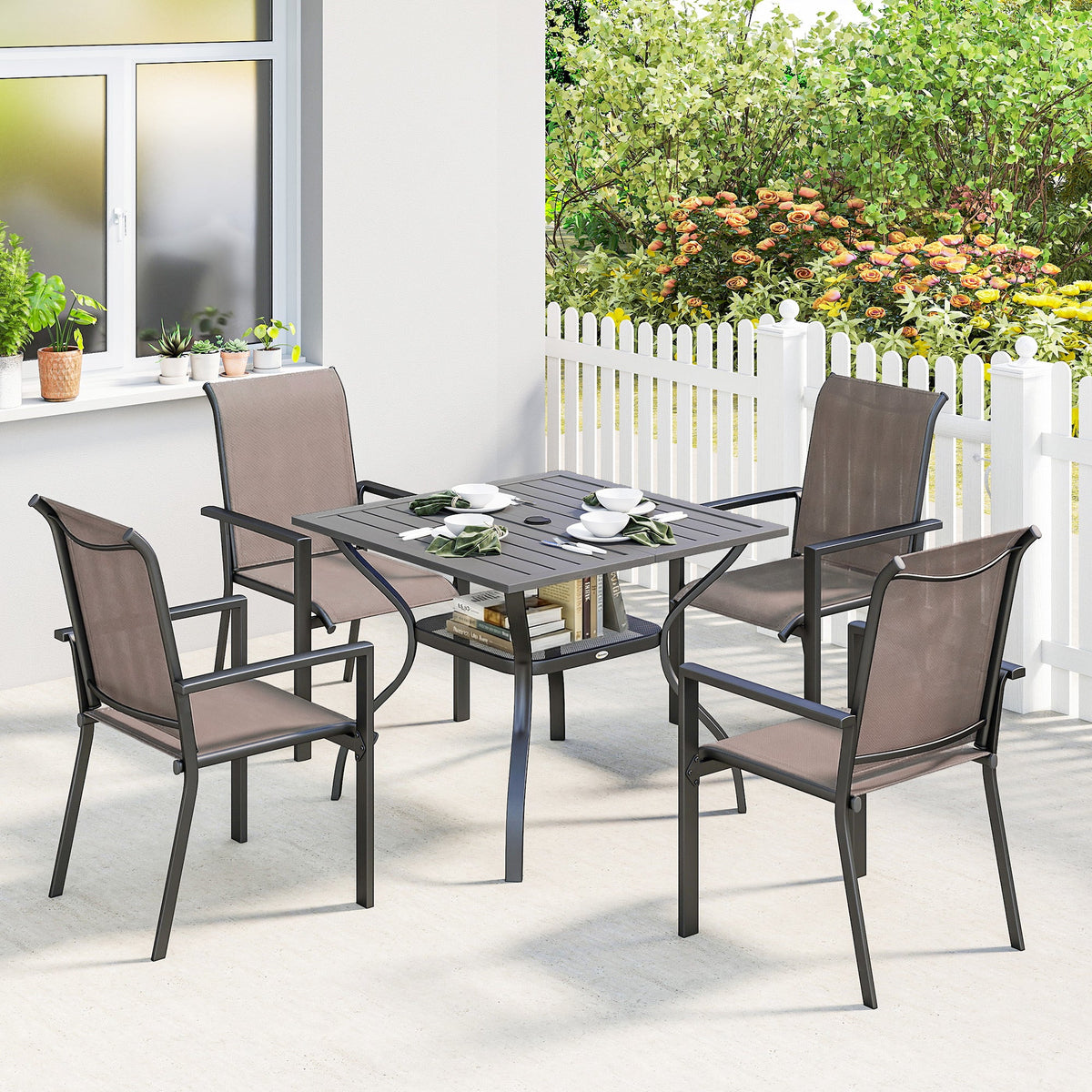 5 Piece Garden Dining Set with Stackable Chairs and Parasol Hole, Grey/Khaki