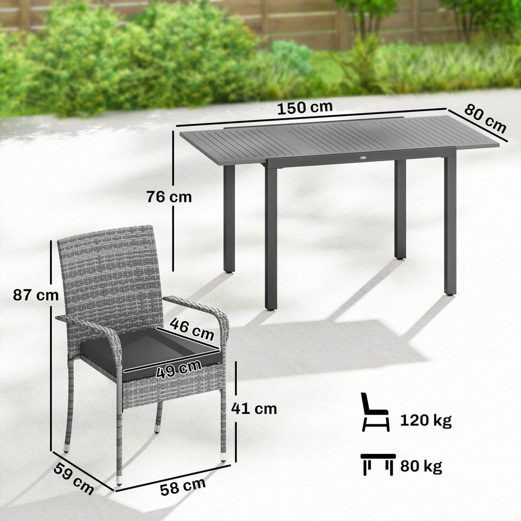 7-Piece Rattan Dining Set with Extendable Acacia Table and 6 Cushioned Chairs