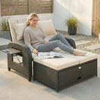 Rattan Patio Daybed with Storage Ottoman and Adjustable Backrest, Beige