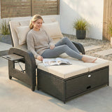 Rattan Patio Daybed with Storage Ottoman and Adjustable Backrest, Beige