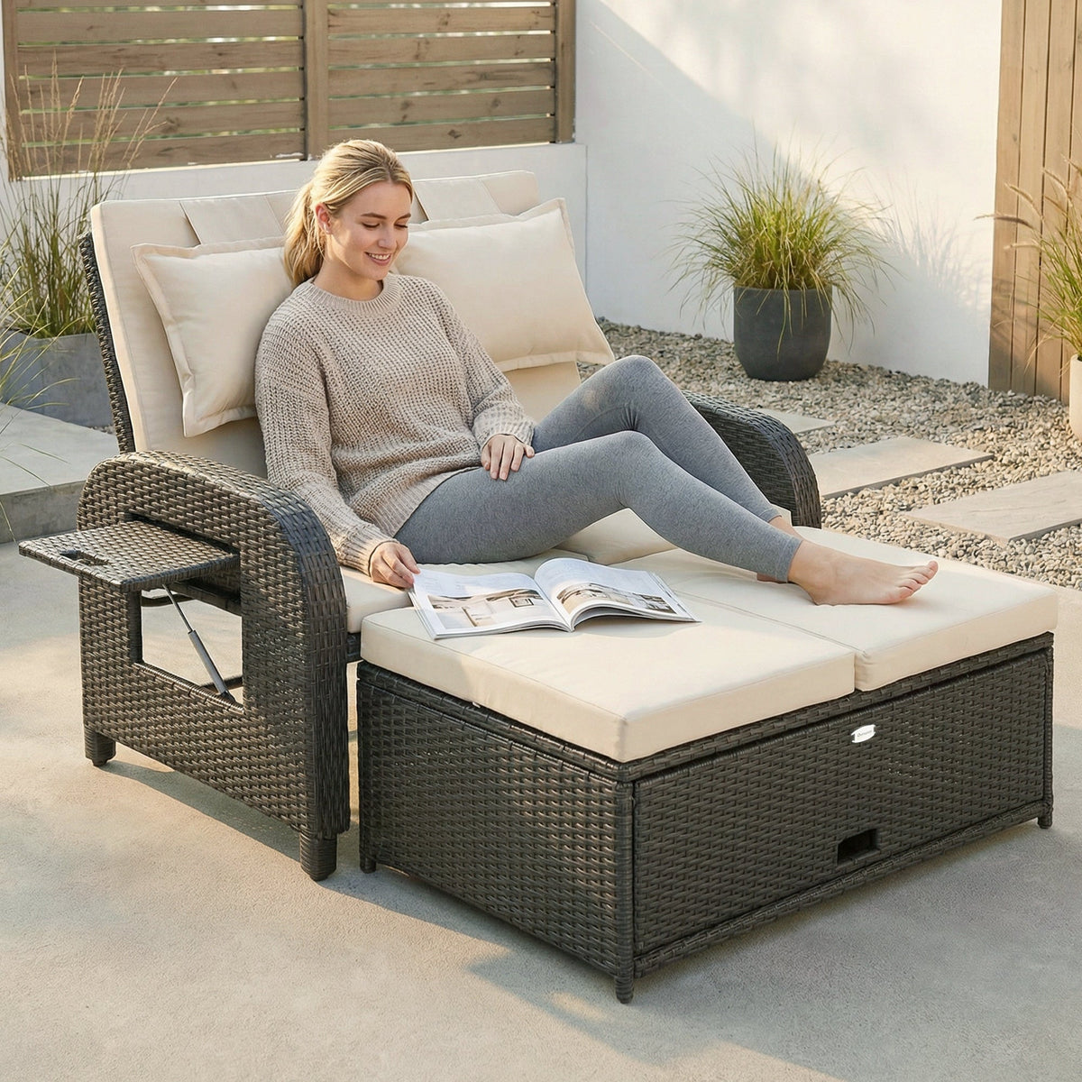 Rattan Patio Daybed with Storage Ottoman and Adjustable Backrest, Beige