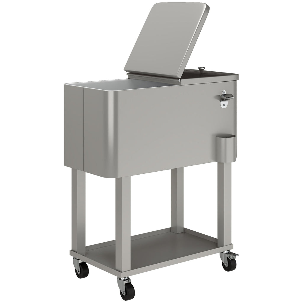 60 Quart Rolling Patio Cooler Cart with Shelf and Bottle Opener, Silver