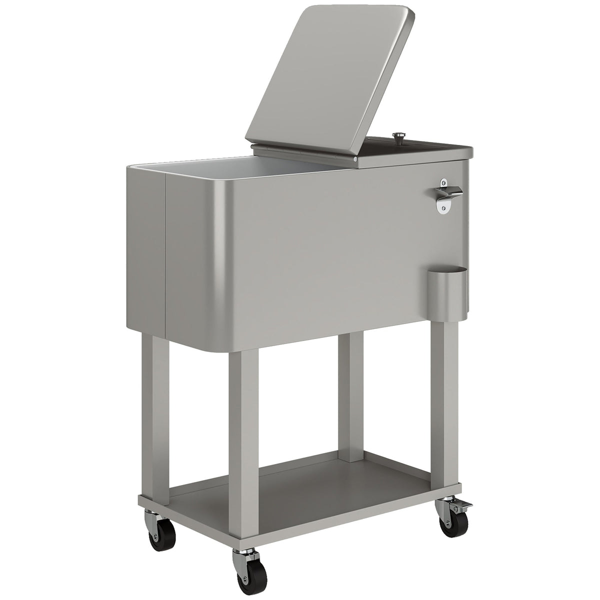 60 Quart Rolling Patio Cooler Cart with Shelf and Bottle Opener, Silver
