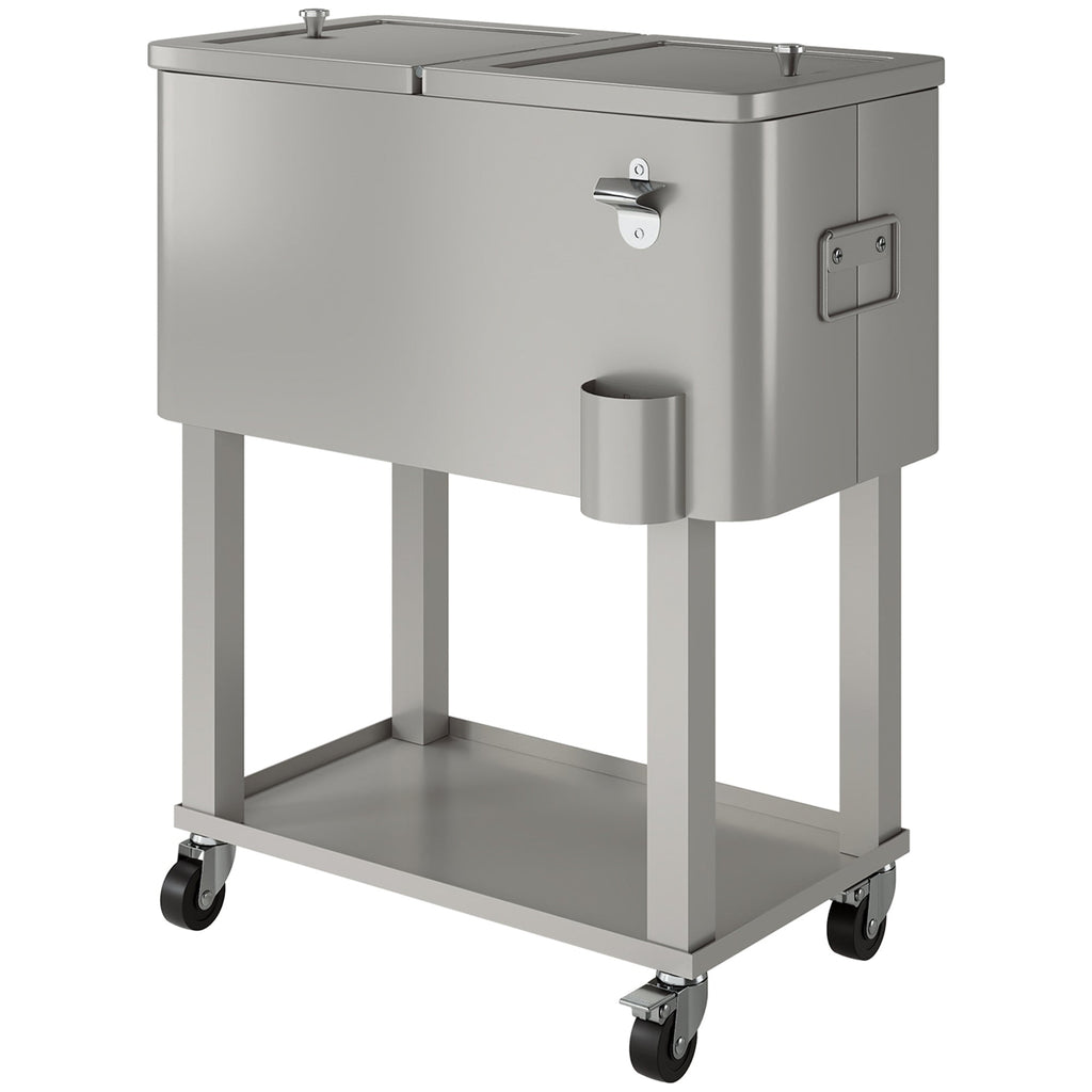 60 Quart Rolling Patio Cooler Cart with Shelf and Bottle Opener, Silver