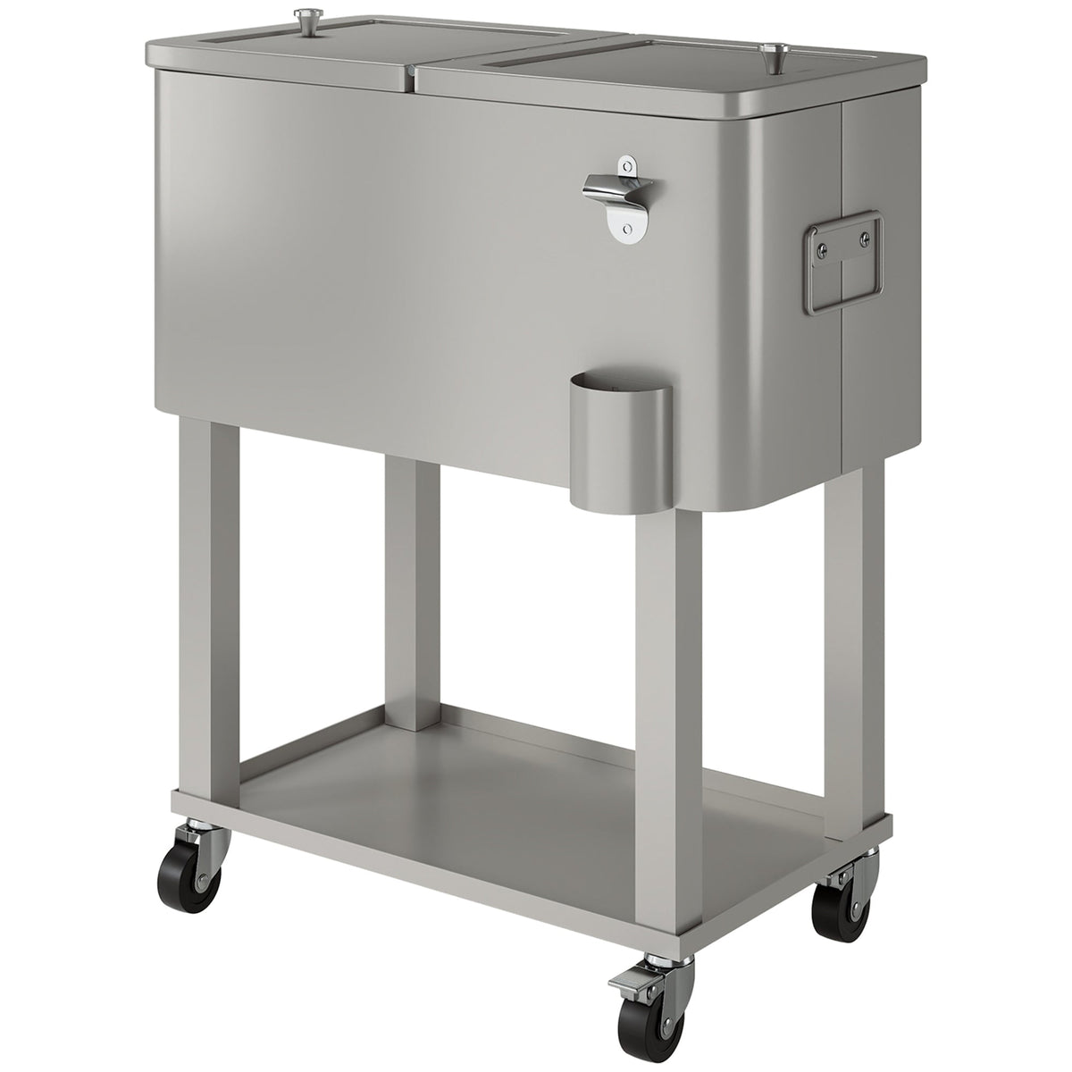 60 Quart Rolling Patio Cooler Cart with Shelf and Bottle Opener, Silver