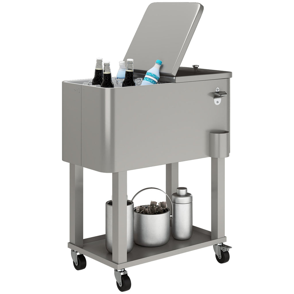 60 Quart Rolling Patio Cooler Cart with Shelf and Bottle Opener, Silver