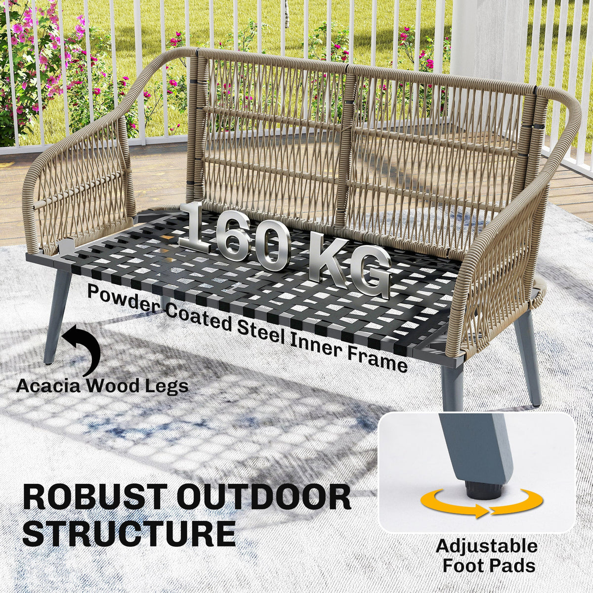 ARVOYA 4-Piece Rattan Conversation Set with Loveseat, 2 Armchairs & Acacia Table, Grey