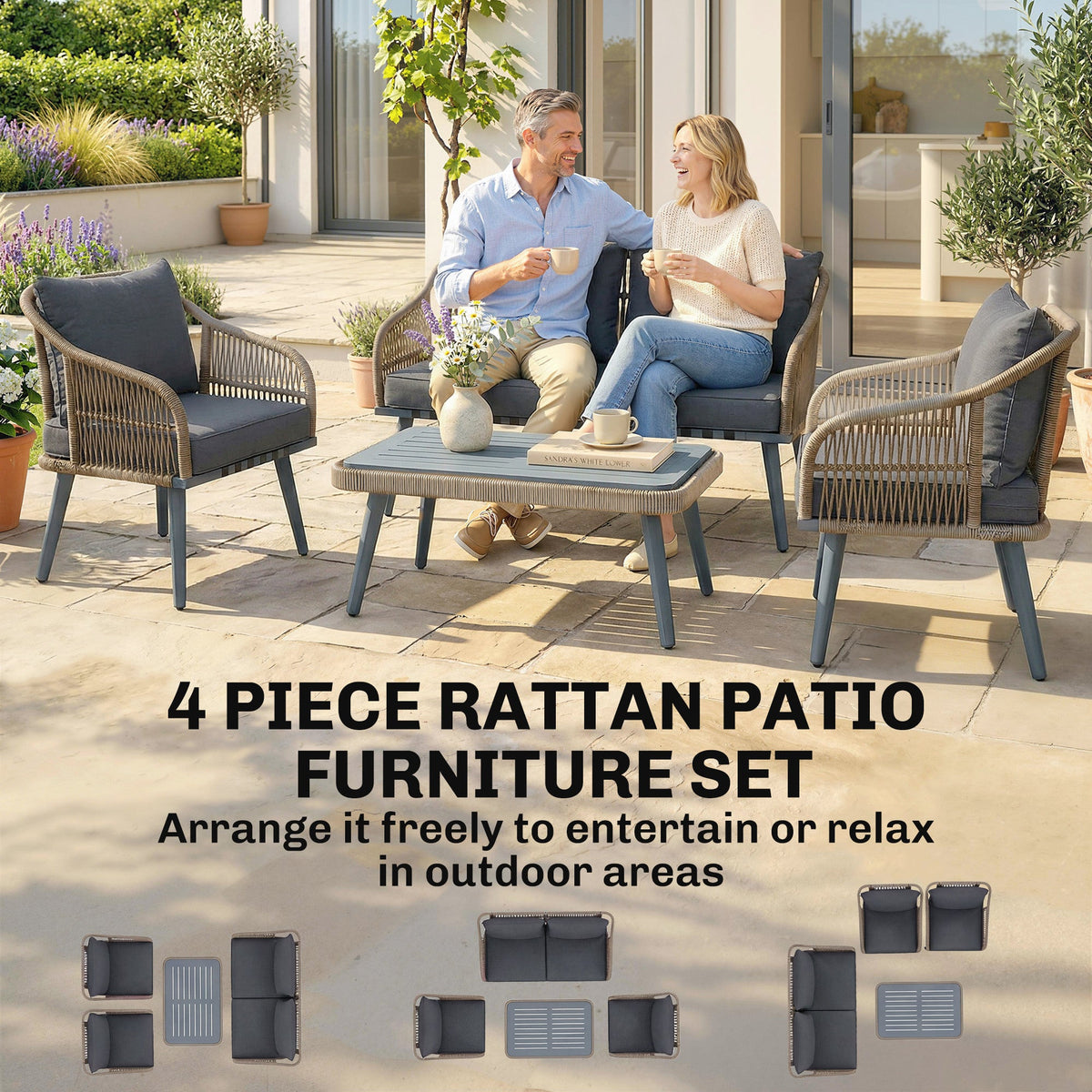 ARVOYA 4-Piece Rattan Conversation Set with Loveseat, 2 Armchairs & Acacia Table, Grey