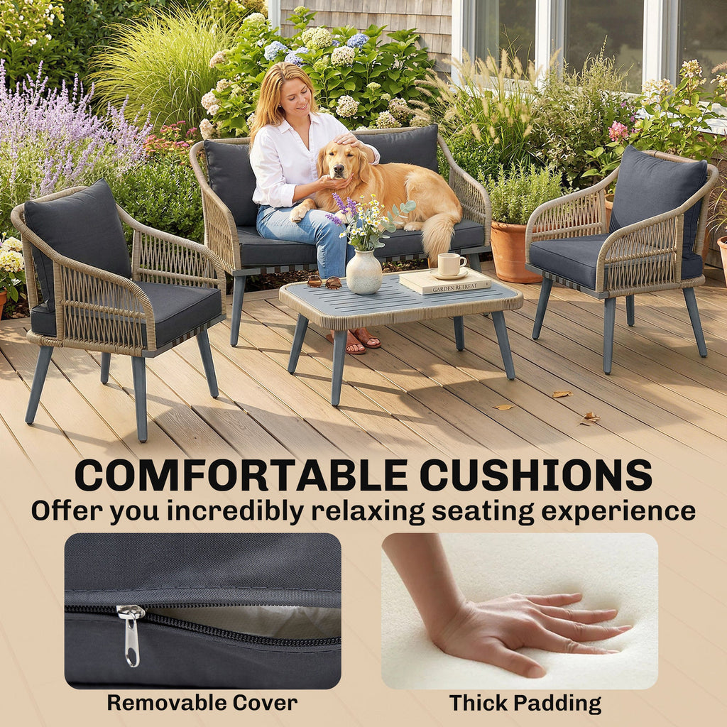 ARVOYA 4-Piece Rattan Conversation Set with Loveseat, 2 Armchairs & Acacia Table, Grey
